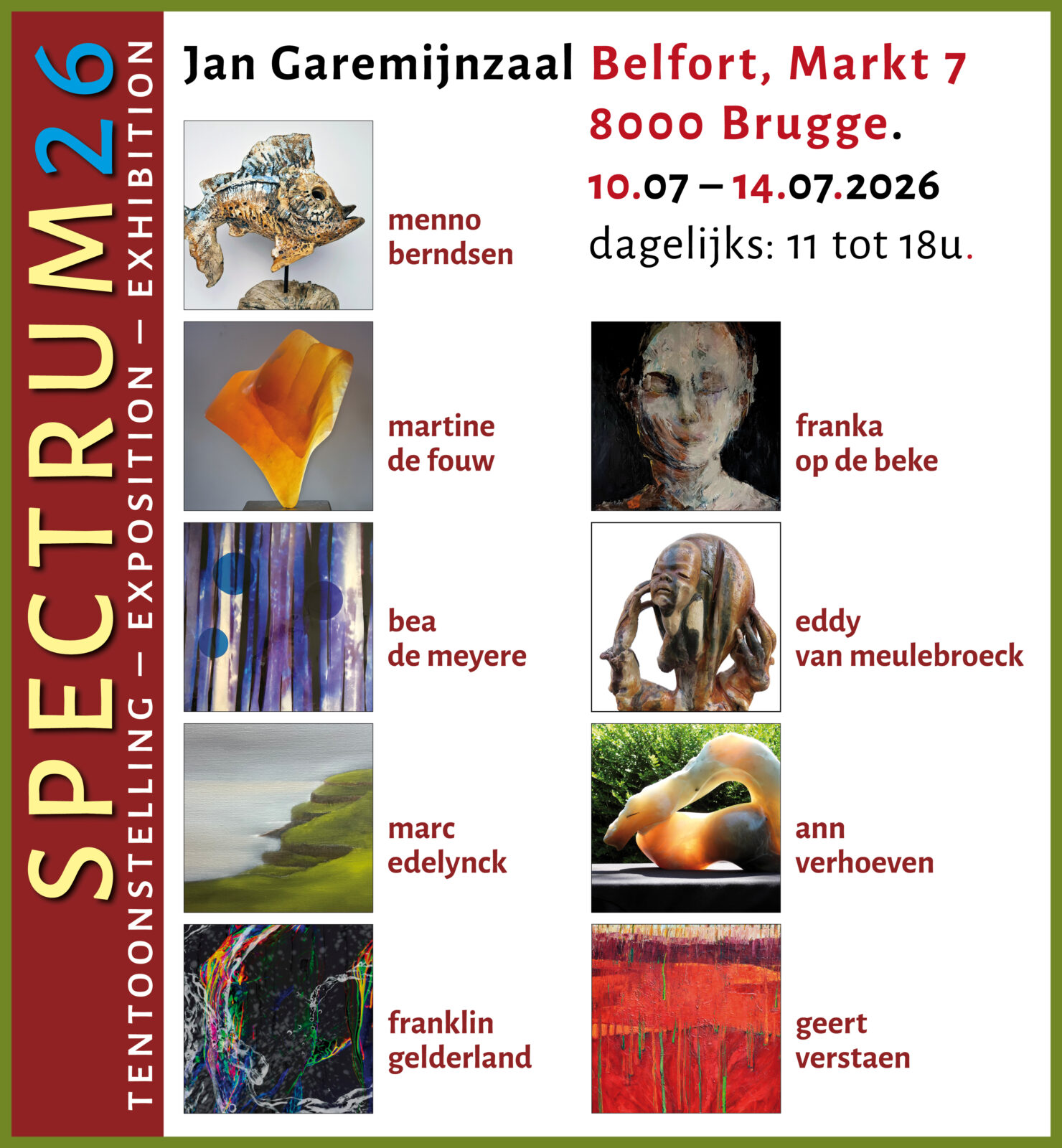 Spectrum 26 art exhibition by 9 Belgian and Dutch artists in the Belfort in Bruges from 10 to 14 July 2026