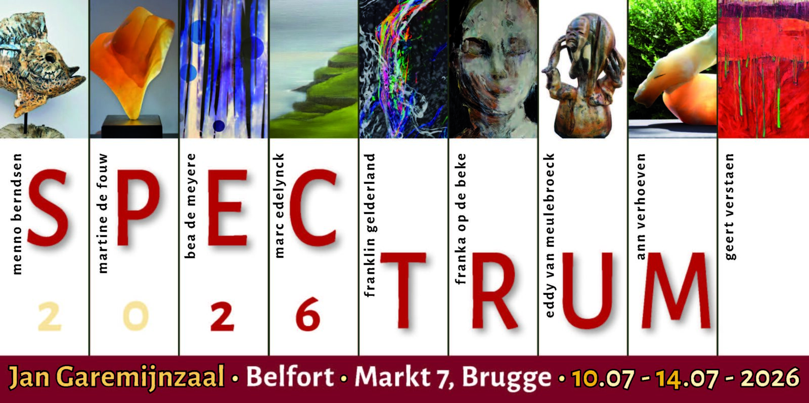 Spectrum26 kunst expositie in de Jan Garemijnzaal van het Belfort in Brugge van 10 t/m 14 juli 2026