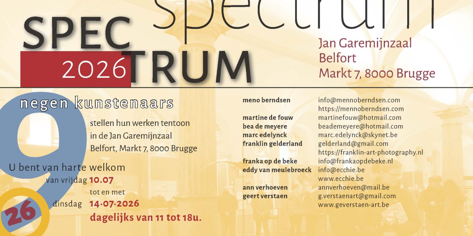 Spectrum 26 tentoonstelling in de Jan Garemijnzaal, Belfort, Brugge, 10-14 juli 2026